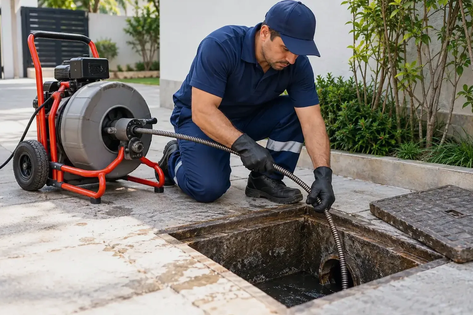 Profissional realizando desentupimento de esgoto com equipamentos específicos.