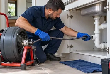 Técnico desentupindo tubulações com ferramentas especializadas em um ambiente residencial.
