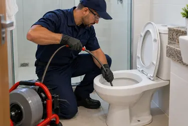 Técnico desentupindo vaso sanitário com ferramentas adequadas em banheiro residencial.
