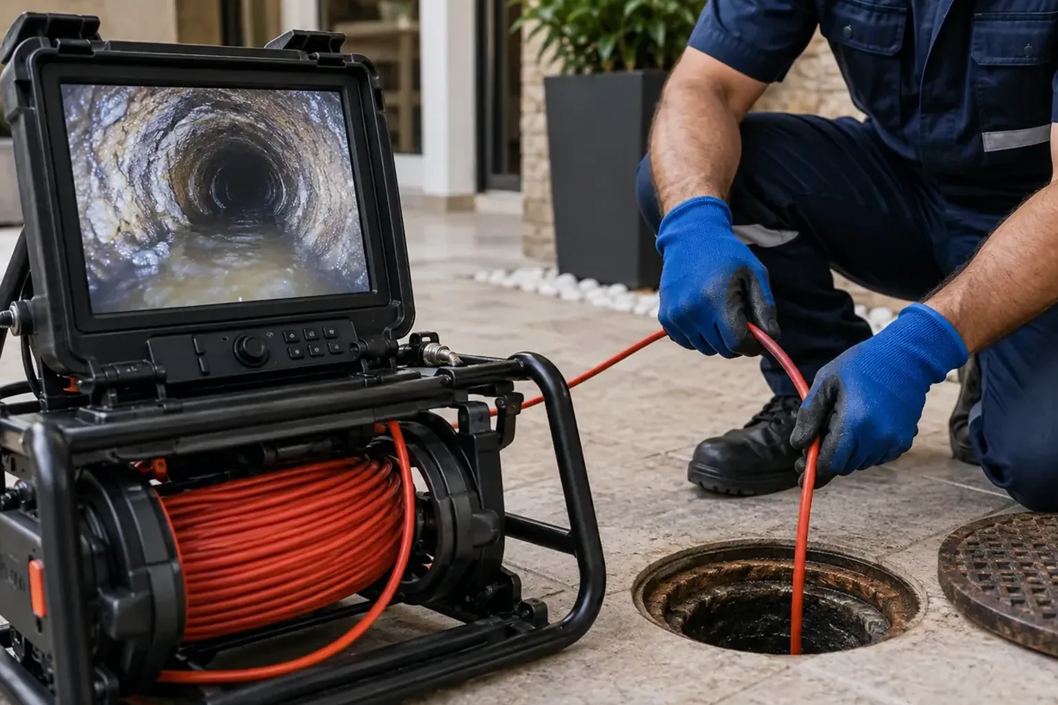 Técnico inspecionando tubulações com câmera adequada.