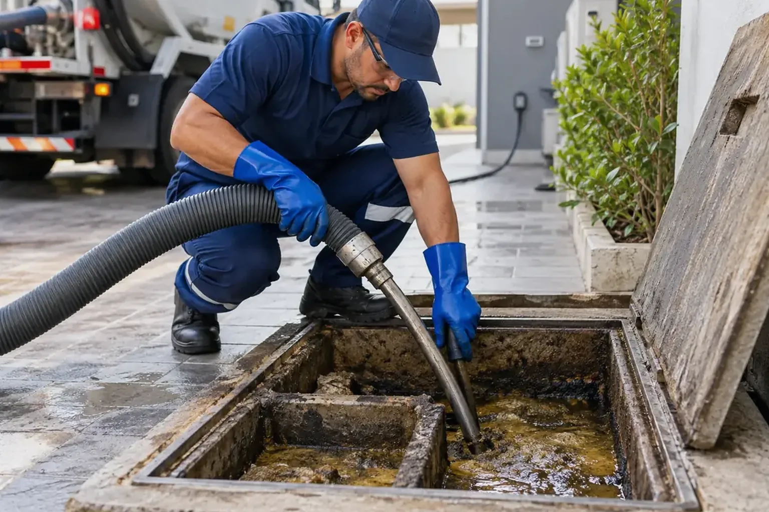 Técnico limpando caixa de gordura com ferramentas adequadas.