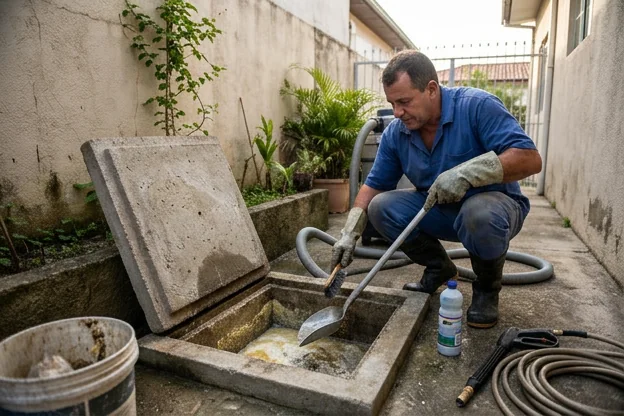 Técnico realizando limpeza de caixa de gordura em um ambiente residencial.