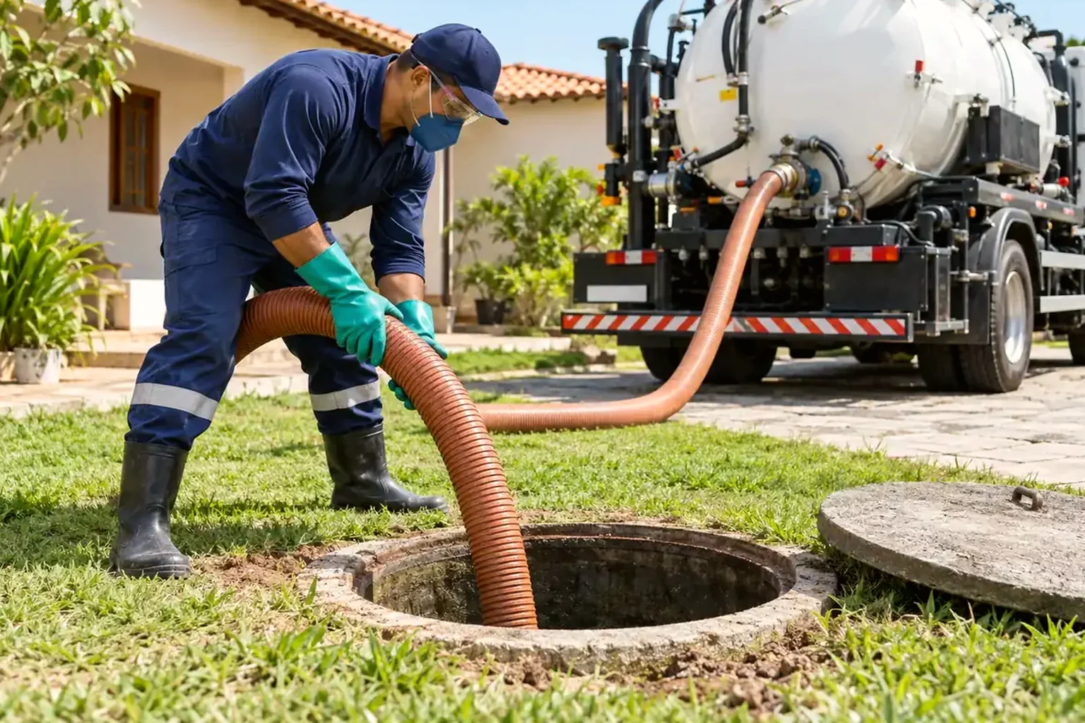 Técnico realizando limpeza de fossa séptica com equipamentos adequados.