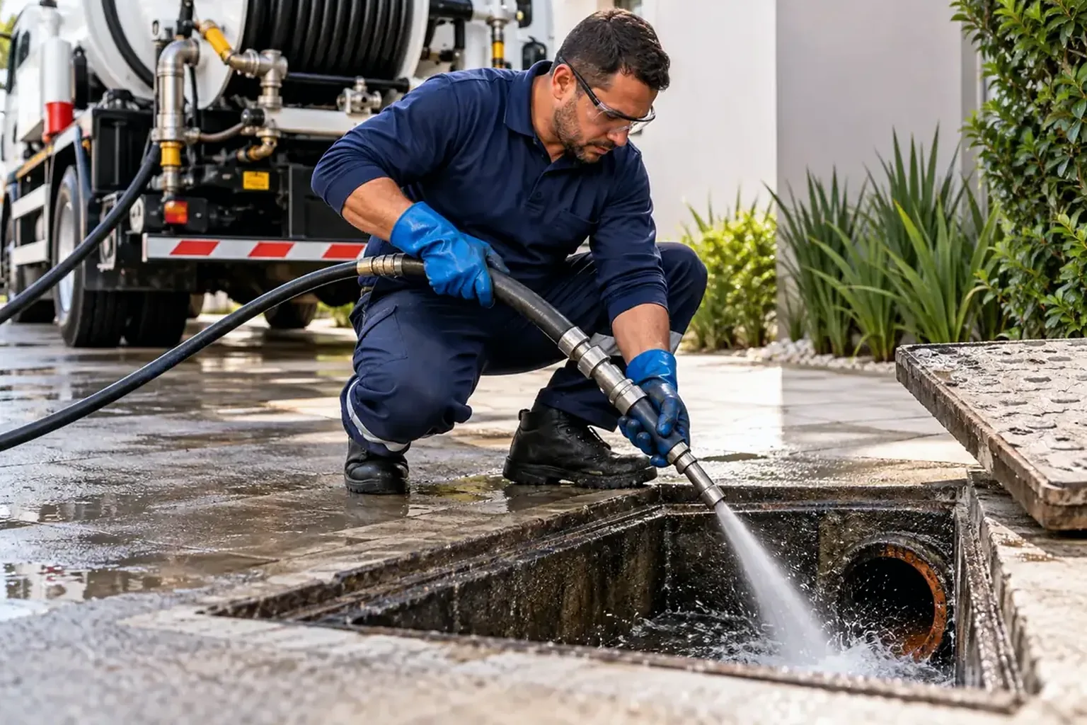 Técnico utilizando hidrojateamento para desentupimento de tubulações.