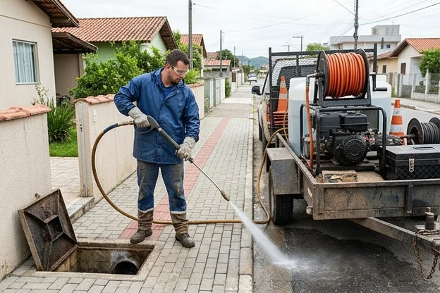 Tecnologia de hidrojateamento em ação, desentupindo tubulações com jato de água.
